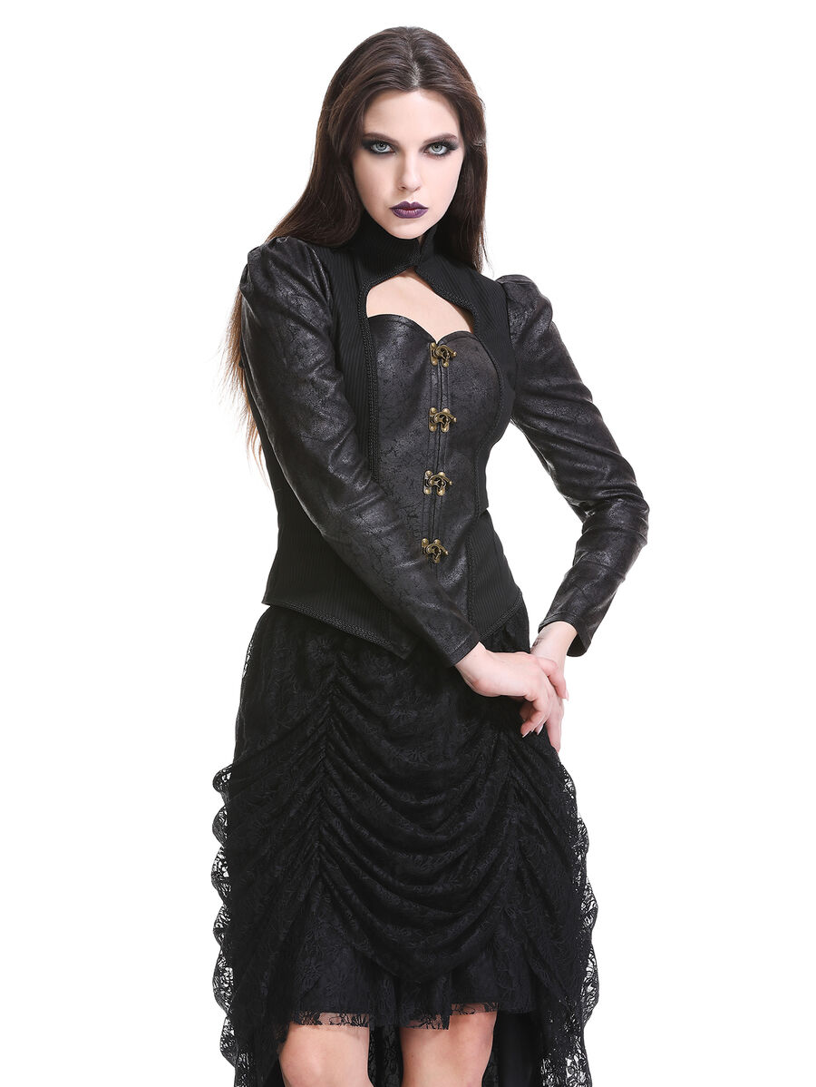 photo n&deg;15 : Veste/gilet steampunk femme &agrave; agrafes r&eacute;tro - panneaux ray&eacute;s & effet cuir