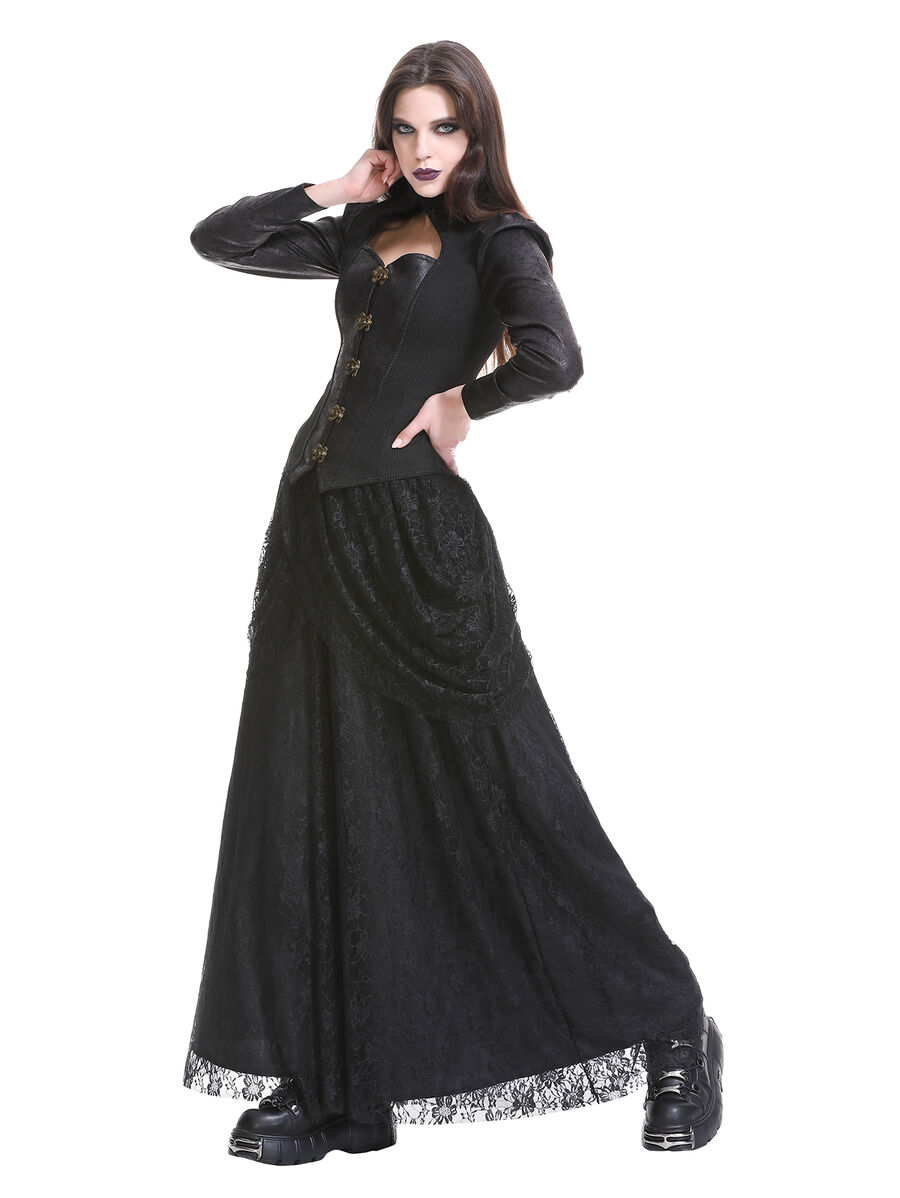 Jupe corset gothique longue en velours et dentelle noire