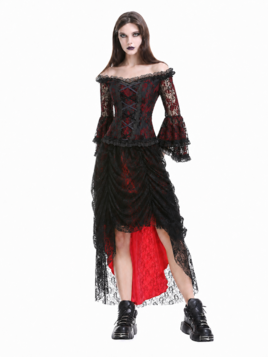 Top gothique en tulle floqu&eacute; rouge et noir