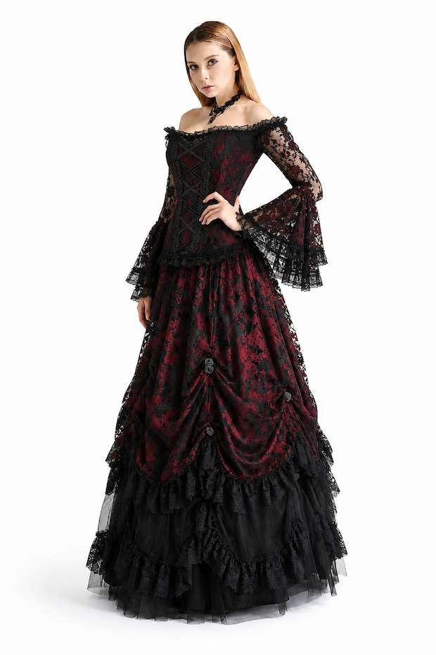 Jupe gothique longue en tulle floqu&eacute; rouge et noir