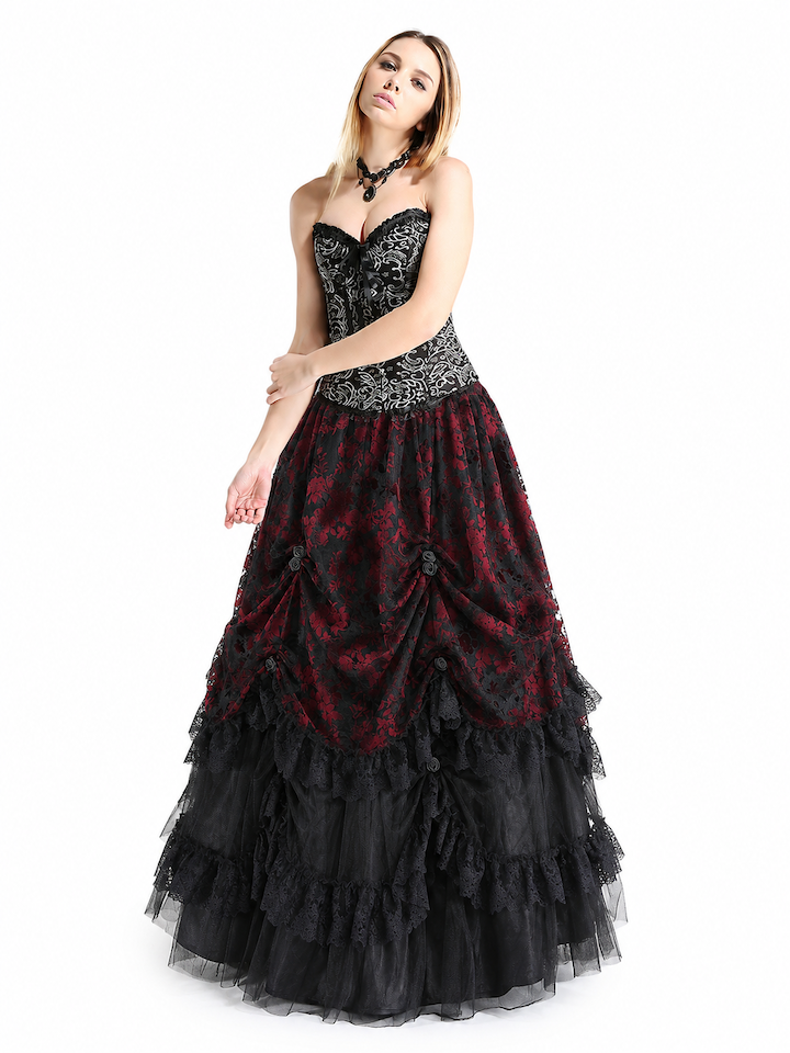 photo n&deg;2 : Jupe gothique longue en tulle floqu&eacute; rouge et noir