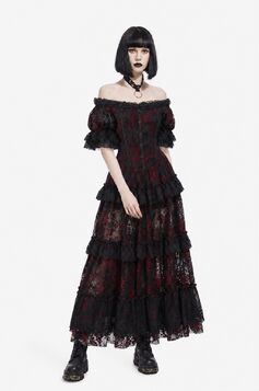 Robe longue gothique victorienne rouge et noire en tulle fin floqu&eacute; velours