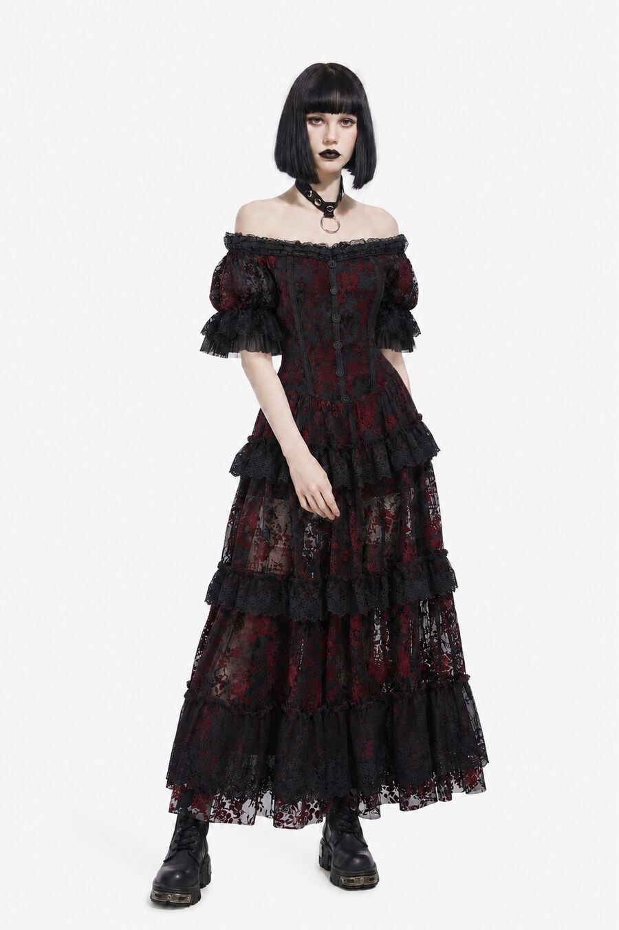 Robe longue gothique victorienne rouge et noire en tulle fin floqu&eacute; velours