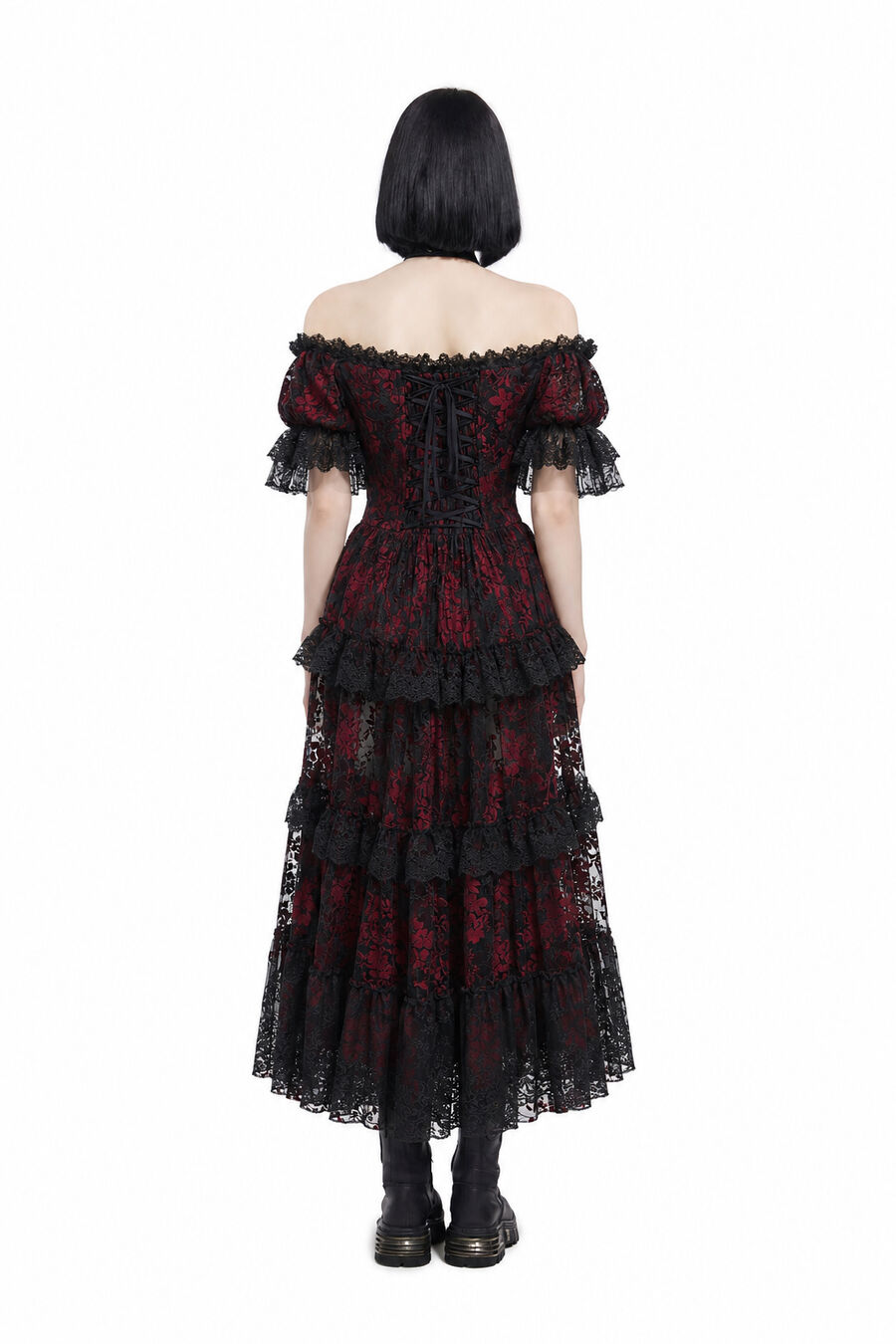photo n&deg;3 : Robe longue gothique victorienne rouge et noire en tulle fin floqu&eacute; velours