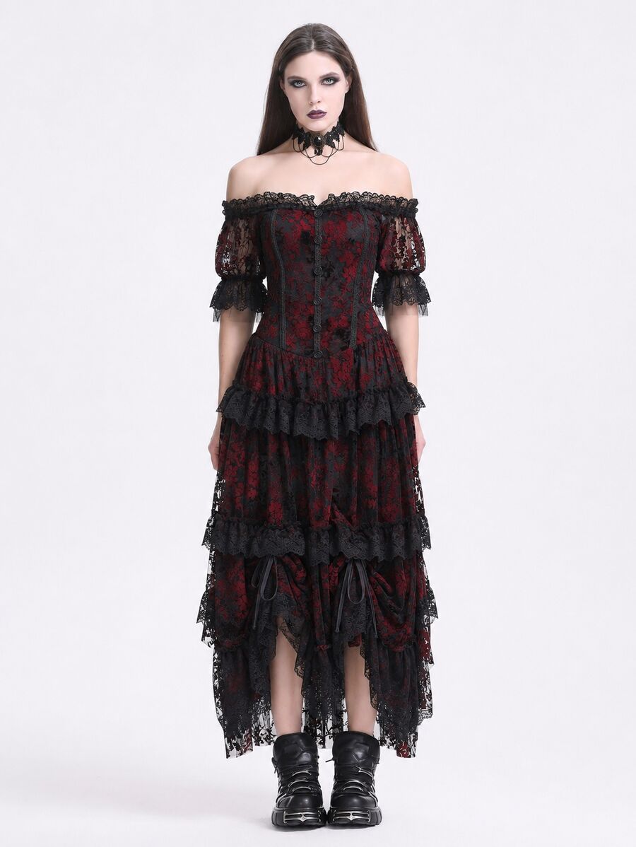 photo n&deg;2 : Robe longue gothique victorienne rouge et noire en tulle fin floqu&eacute; velours