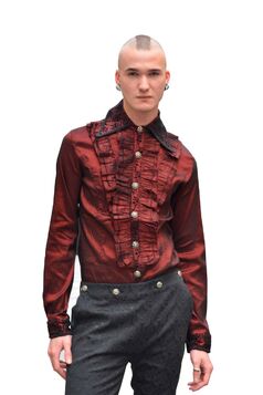 Chemise Gothique Aristocrate Homme Jabot Floqué Elastique Rouge