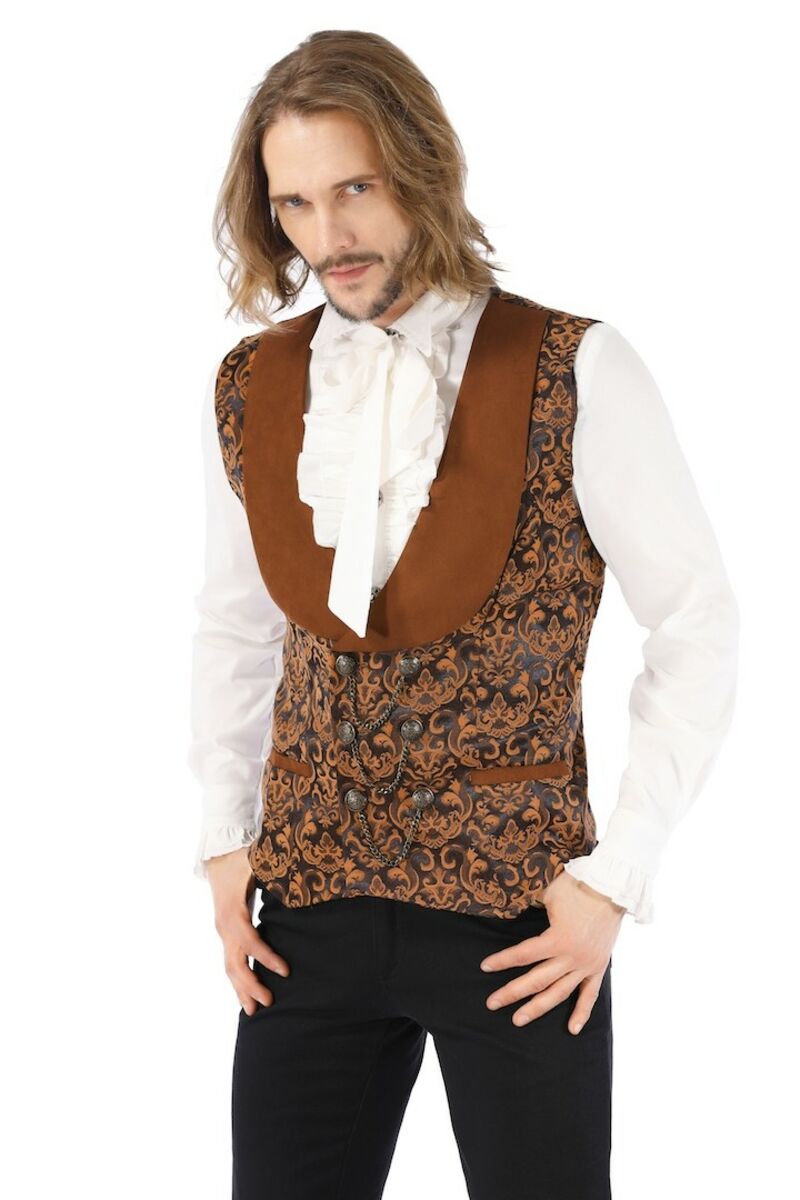 Gilet Homme Steampunk Gothique Sans Manches - Bordure Dorée & Chaîne - Costume Fête, Mariage, Réunion