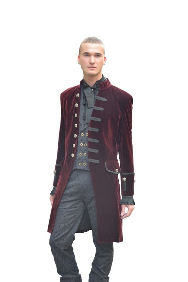 Manteau Homme Gothique Aristocrate Victorien Velours Rouge bordeaux