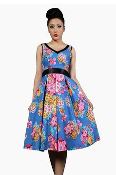 Robe Bleu Rockabilly Pin-Up Rétro Fleurs Pivoine