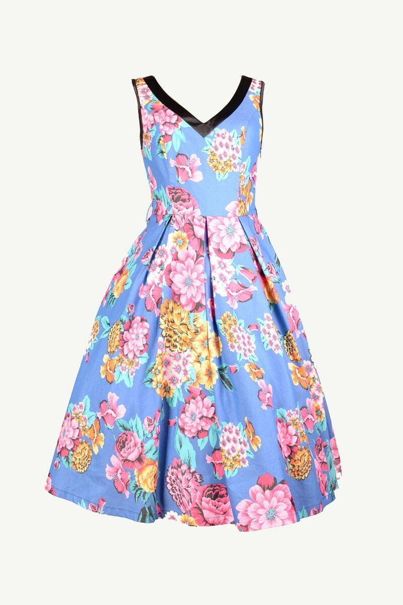 photo n°3 : Robe Bleu Rockabilly Pin-Up Rétro Fleurs Pivoine