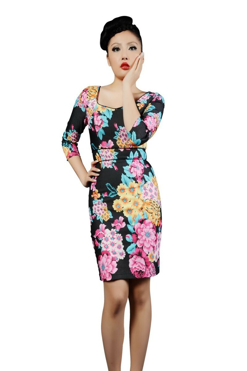 Robe Crayon Pin-Up Rockabilly Rétro 50's Noir Fleurs Pivoine