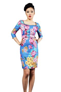 Robe Crayon Pin-Up Rockabilly Rétro 50's Bleu Fleurs Pivoine