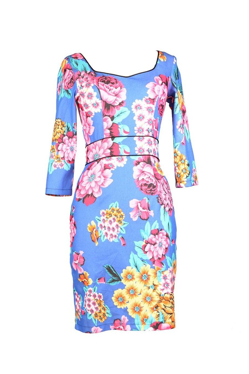 photo n°3 : Robe Crayon Pin-Up Rockabilly Rétro 50's Bleu Fleurs Pivoine