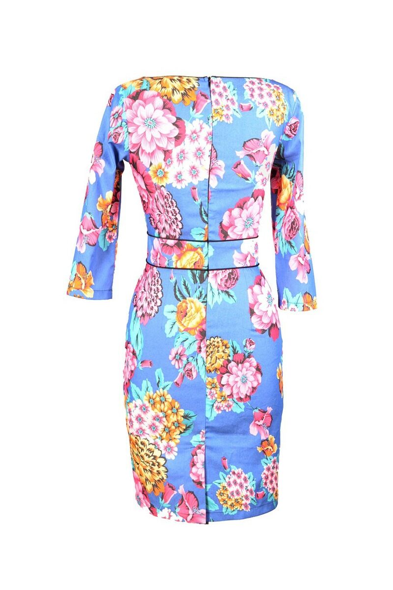 photo n°5 : Robe Crayon Pin-Up Rockabilly Rétro 50's Bleu Fleurs Pivoine