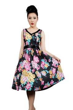 Robe Noir Rockabilly Pin-Up Rétro Fleurs Pivoine